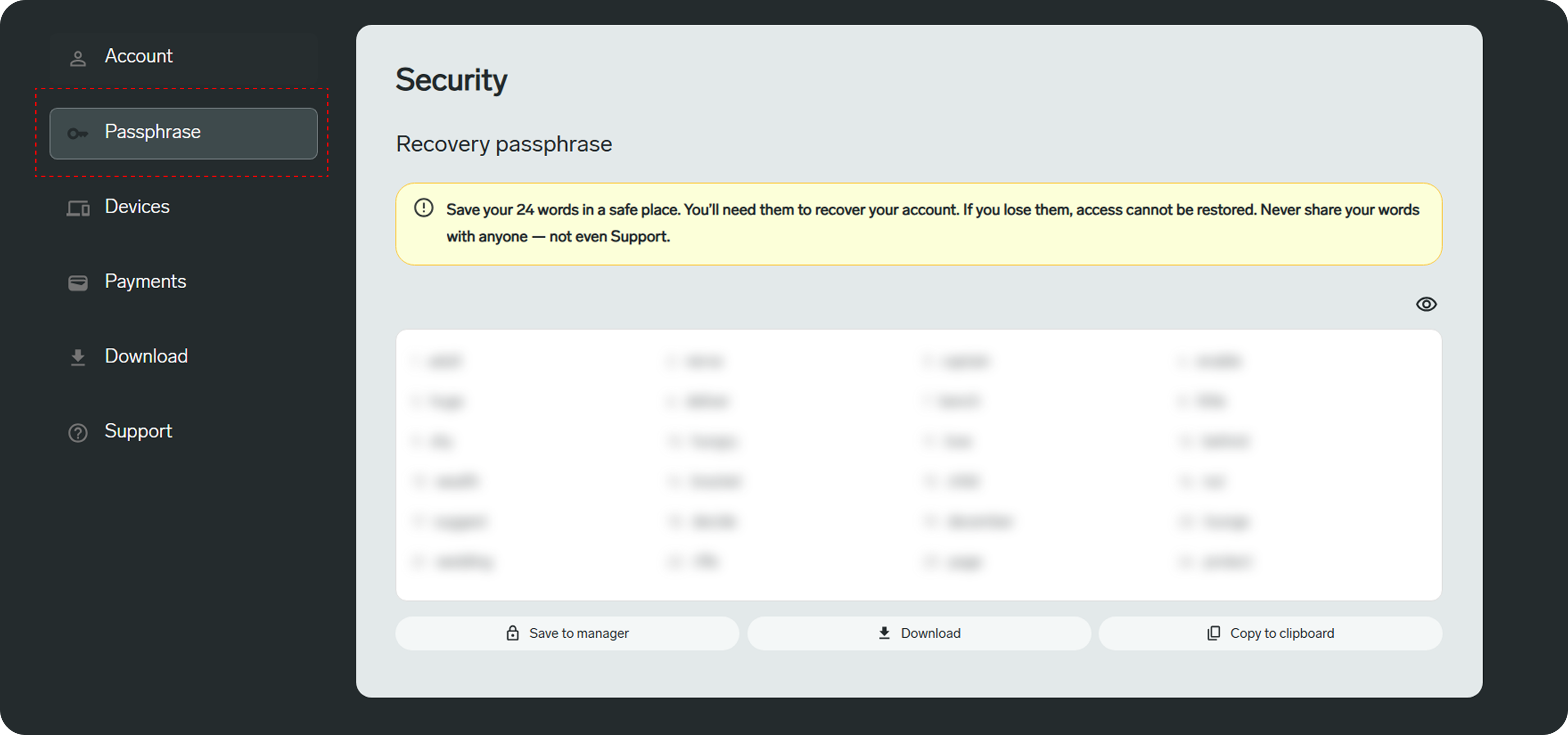 The 24-word access code screen in the nym.com account dashboard